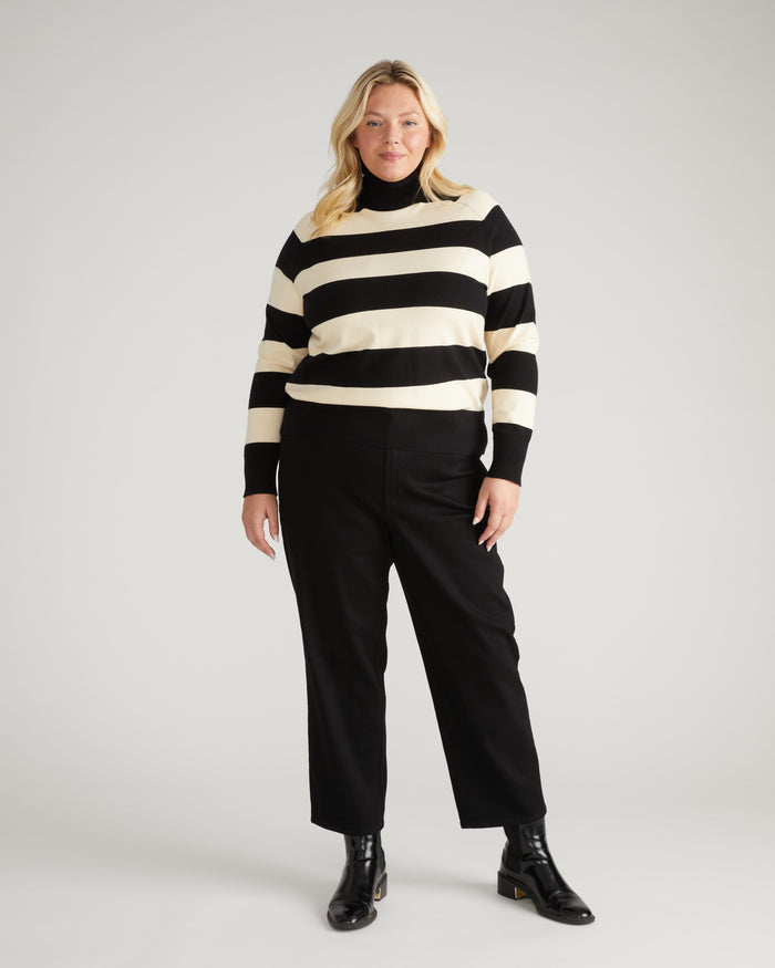 Renee Savvy Fine Knit Raglan Turtleneck - Black/Ecru Rugby Stripe | Plus Size & Straight Size Women's Fashion | Universal Standard