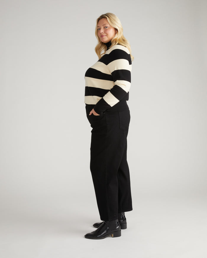 Renee Savvy Fine Knit Raglan Turtleneck - Black/Ecru Rugby Stripe | Plus Size & Straight Size Women's Fashion | Universal Standard