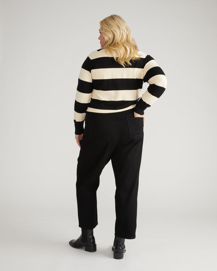 Renee Savvy Fine Knit Raglan Turtleneck - Black/Ecru Rugby Stripe | Plus Size & Straight Size Women's Fashion | Universal Standard