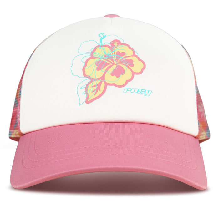 The RG Donut Spain Trucker by Roxy, in the vibrant Hippie Hour Pink color, features a playful pink and white design with a yellow and pink hibiscus flower and the Roxy logo on the front. With its colorful, patterned mesh sides and back, this trucker hat is a perfect casual accessory to add a fun pop of color to any laid-back look.
