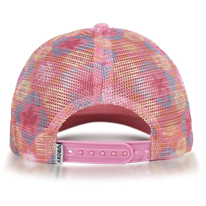 A pink mesh baseball cap with a vibrant tie-dye pattern, the Roxy RG Donut Spain Trucker is shown from the back, featuring an adjustable snap closure and a small Roxy brand tag on the side. Designed in the classic trucker hat style, this casual accessory is perfect for laid-back outings.
