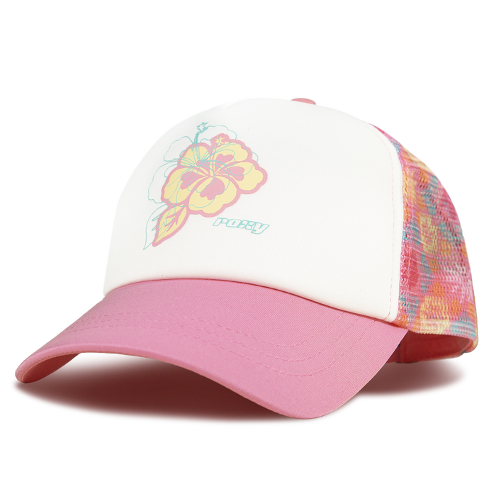 Add a fun flair to your casual style with the Roxy RG Donut Spain Trucker hat. This eye-catching accessory showcases a crisp white front panel, vibrant pink brim, and multicolored mesh sides. The front features a bold yellow and pink hibiscus flower graphic next to the Roxy logo—making it a standout addition to any laid-back outfit or hat collection.