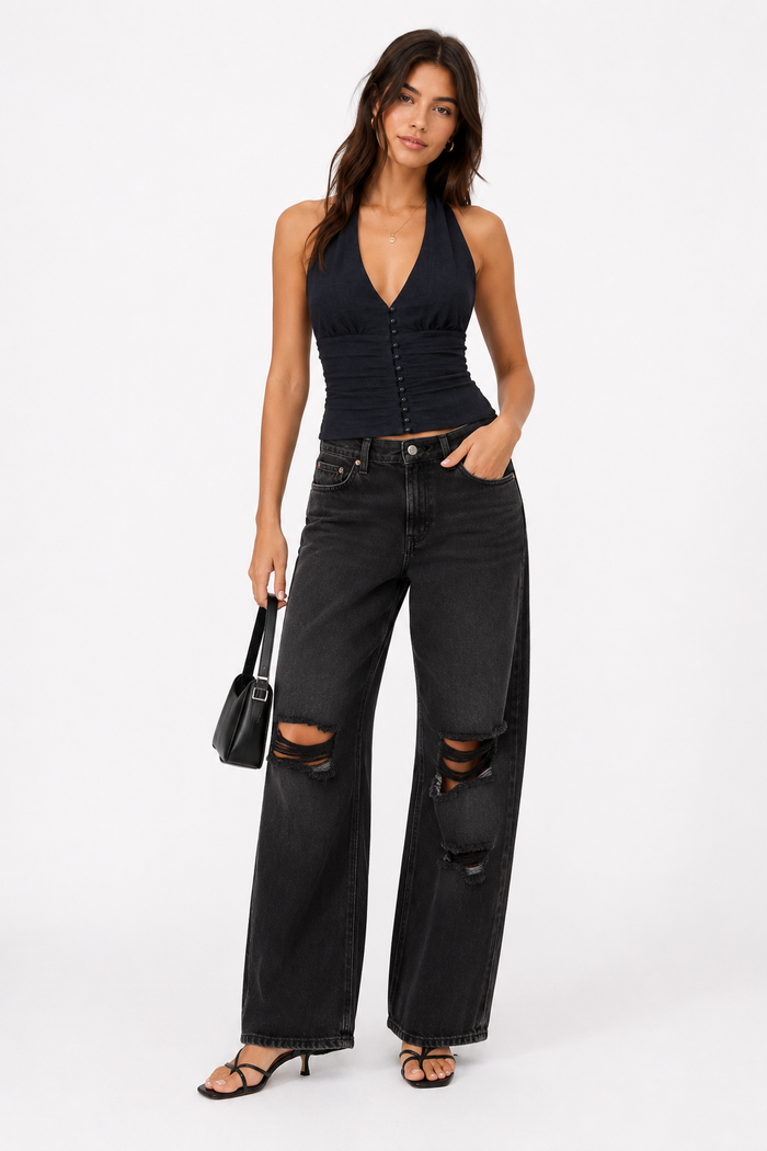 Ruched Button Front Halter Top