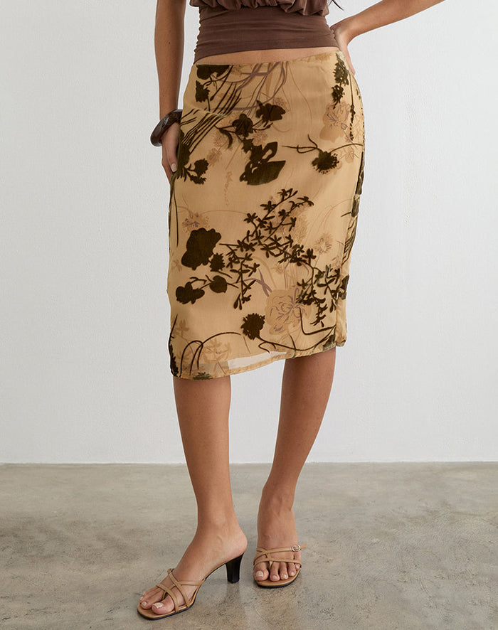 Image of Rujha Midi Skirt in Floral Devore Beige