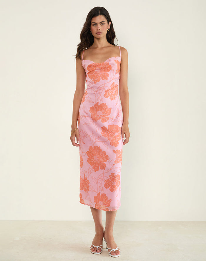 Image of Rujira Cowl Midi Dress in Floral Pink Orange