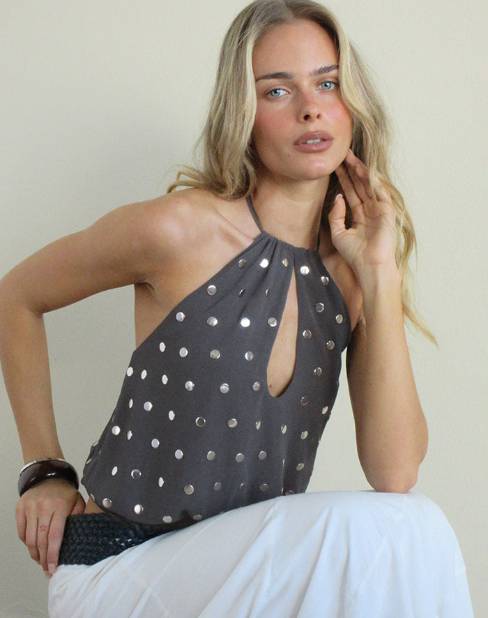 Image of Sabitah Keyhole Top in Studded Chiffon Dark Grey