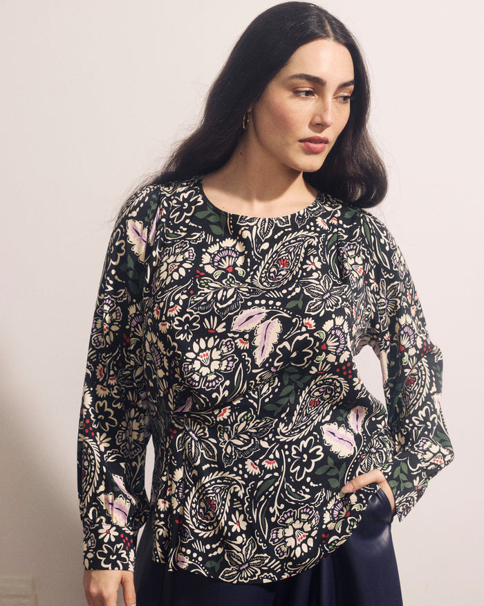 Sabrina Twist Front Stretch Cupro Blouse - Black Forest Print