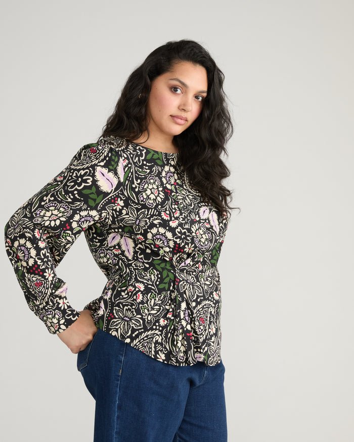 Sabrina Twist Front Stretch Cupro Blouse - Black Forest Print