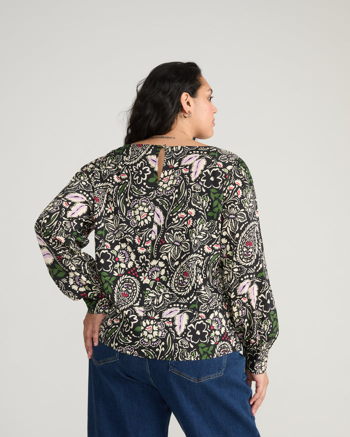 Sabrina Twist Front Stretch Cupro Blouse - Black Forest Print