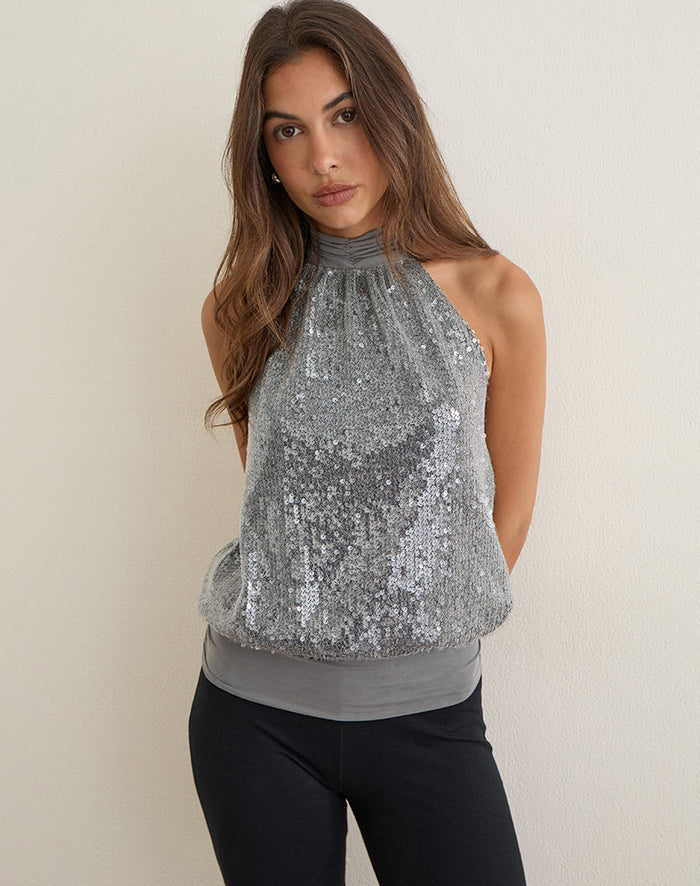 Image of Sadiya Halter Top in Silver Sequin