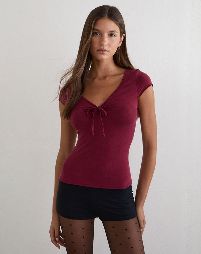 Image of Saiba Cap Sleeve Top in Cupro Dark Red