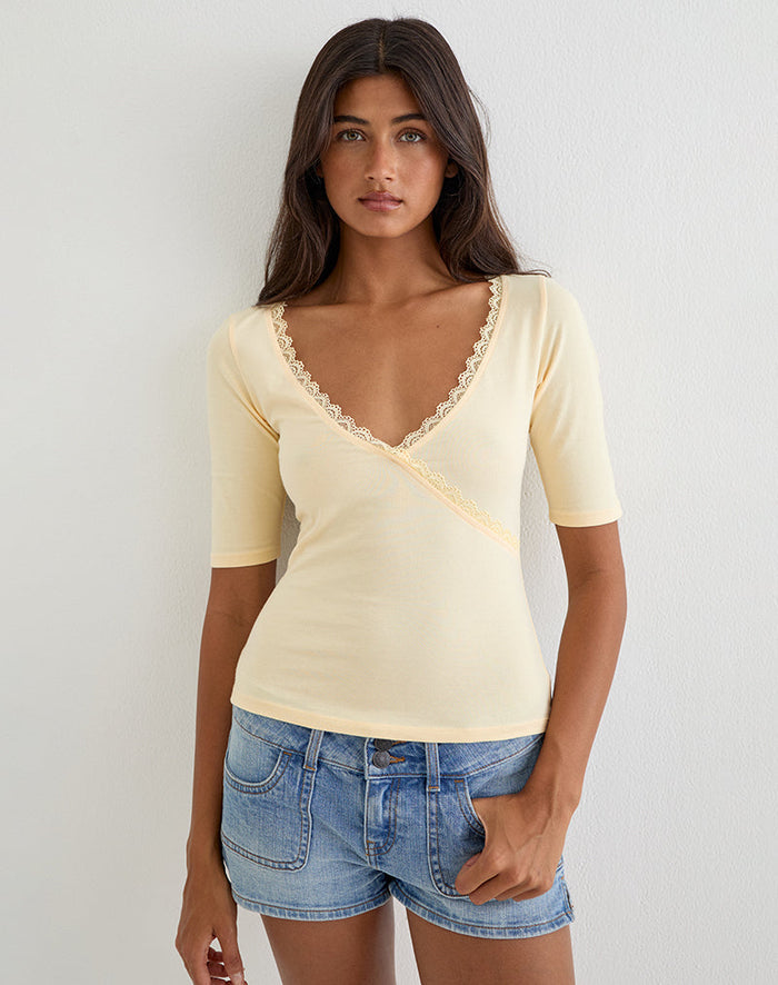 Image of Sajiwa V Neck Top in Buttermilk with Lace Trim