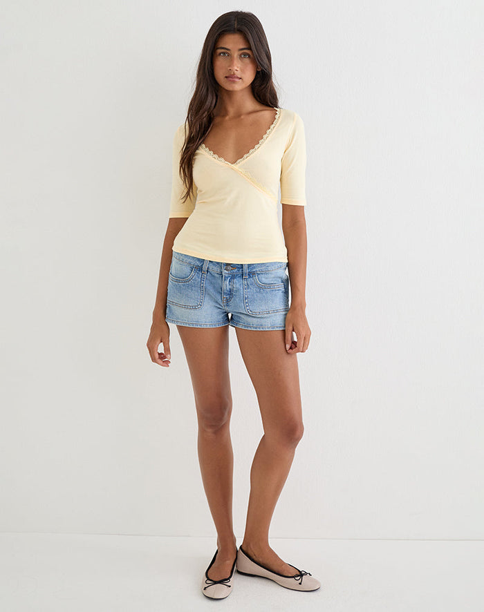 Image of Sajiwa V Neck Top in Buttermilk with Lace Trim