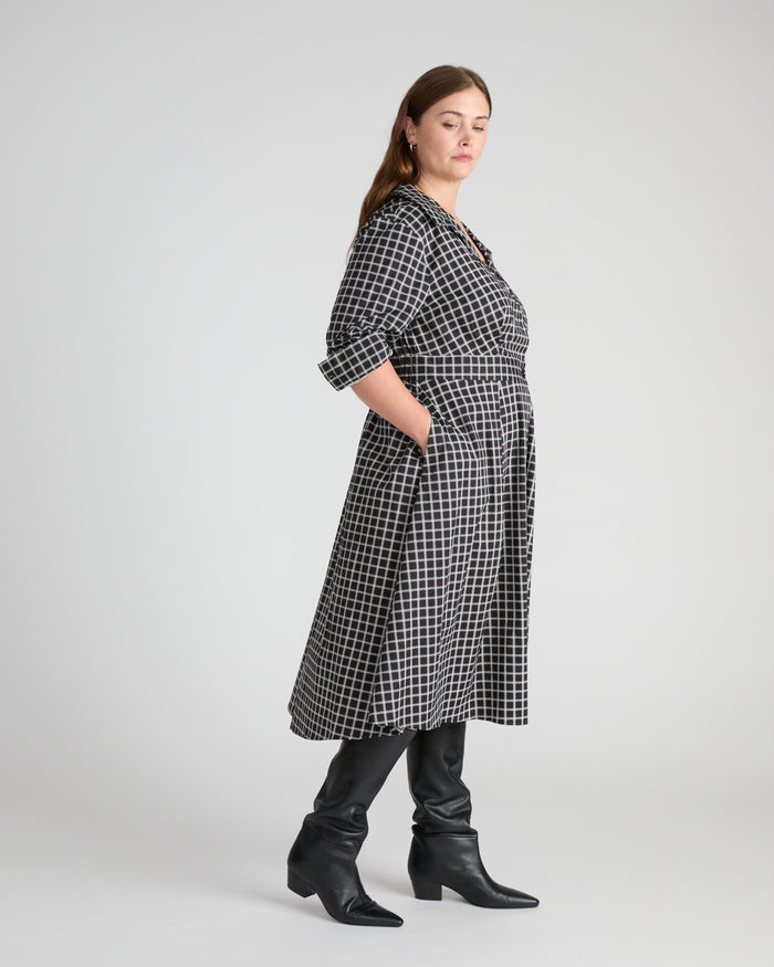 Samia Faux Wrap Cotton Poplin Dress - Black Windowpane Check | Plus Size & Straight Size Women's Fashion | Universal Standard