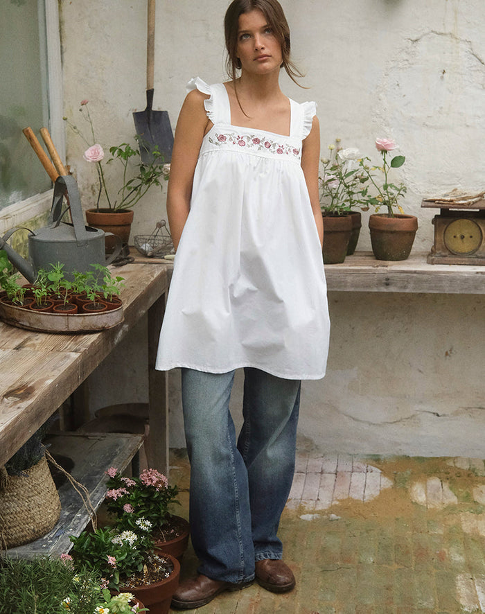 Image of Sanaly Mini Dress in Poplin White with Cherry Blossom Embroidery