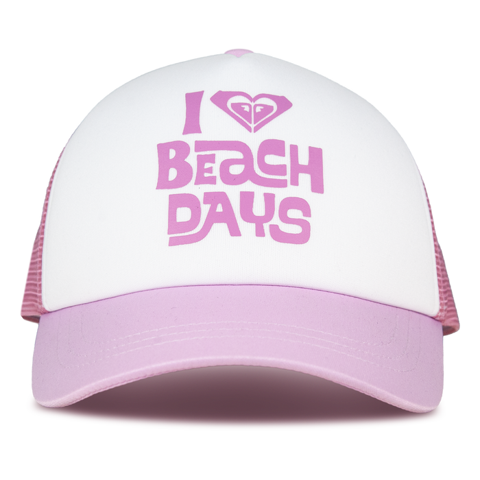 A lilac sachet Sandy Top Trucker cap by ROXY featuring the words “I love Beach Days” printed in pink on the front, a stylized heart design above the text, and an adjustable snapback for comfort and sun protection.