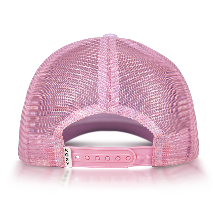 The Sandy Top Trucker by Roxy is a pink mesh trucker cap seen from the back, featuring an adjustable snapback closure and a small white tag with the ROXY logo—ideal for sun protection on bright days.