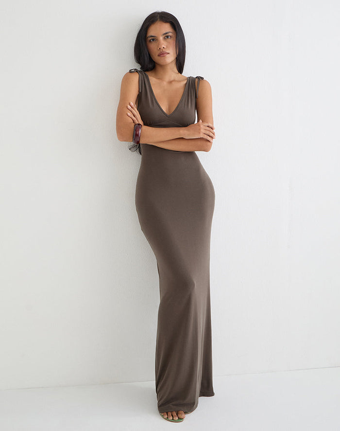 Image of Sanyu Plunge Maxi Dress in Cupro Dark Brown