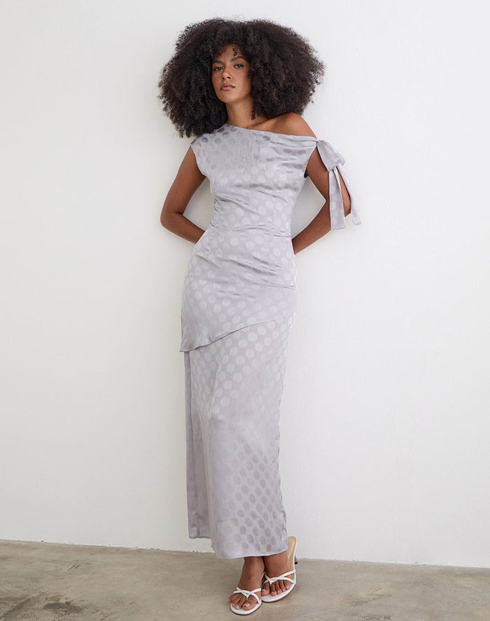 Image of Sardian Maxi Dress in Chiffon Monochrome Silver Grey Polka