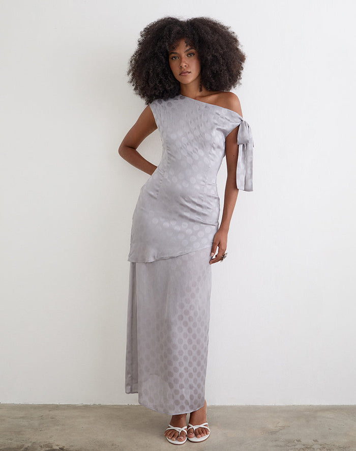 Image of Sardian Maxi Dress in Chiffon Monochrome Silver Grey Polka