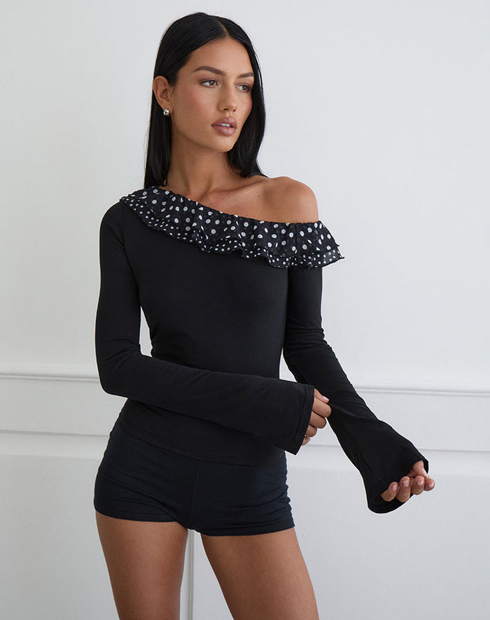 Image of Sariya Long Sleeve Top in Cupro Black with Tiny Polka Ruffles
