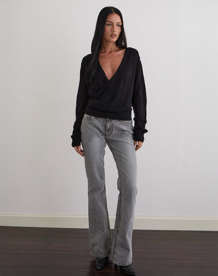 Image of Saroya Plunge Wrap Top in Knit Black