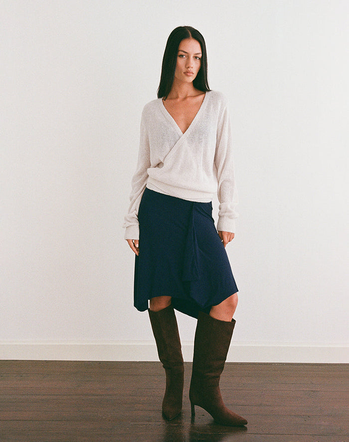 Image of Saroya Plunge Wrap Top in Knit Ecru
