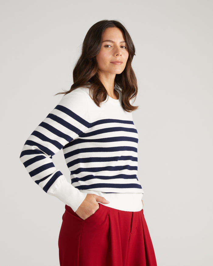 Savvy Fine Knit Crew Sweater - Cream/Navy Stripes | Plus Size & Straight Size Women's Fashion | Universal Standard