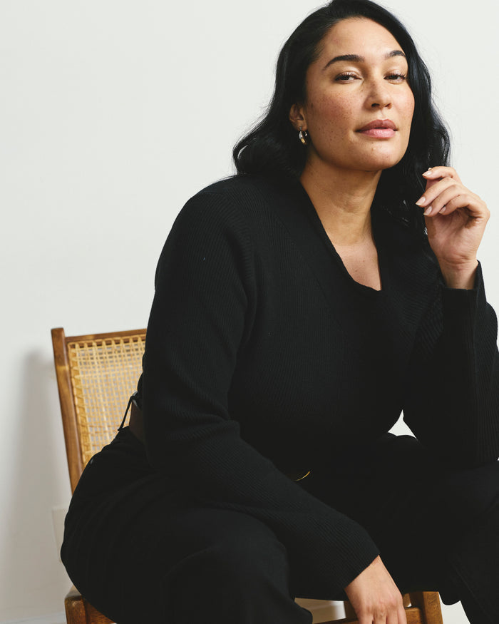 Savvy Fine Rib Asymmetric Sweater - Black | Plus Size & Straight Size Women's Fashion | Universal Standard