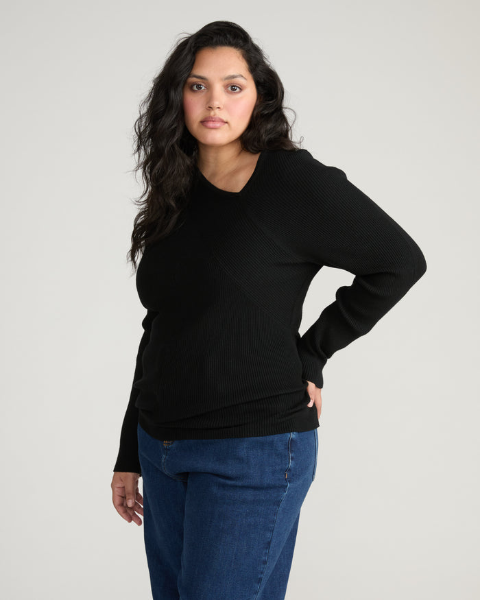 Savvy Fine Rib Asymmetric Sweater - Black | Plus Size & Straight Size Women's Fashion | Universal Standard