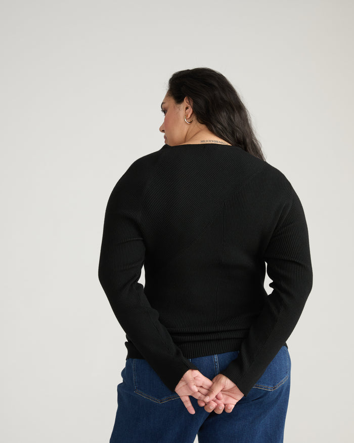 Savvy Fine Rib Asymmetric Sweater - Black | Plus Size & Straight Size Women's Fashion | Universal Standard