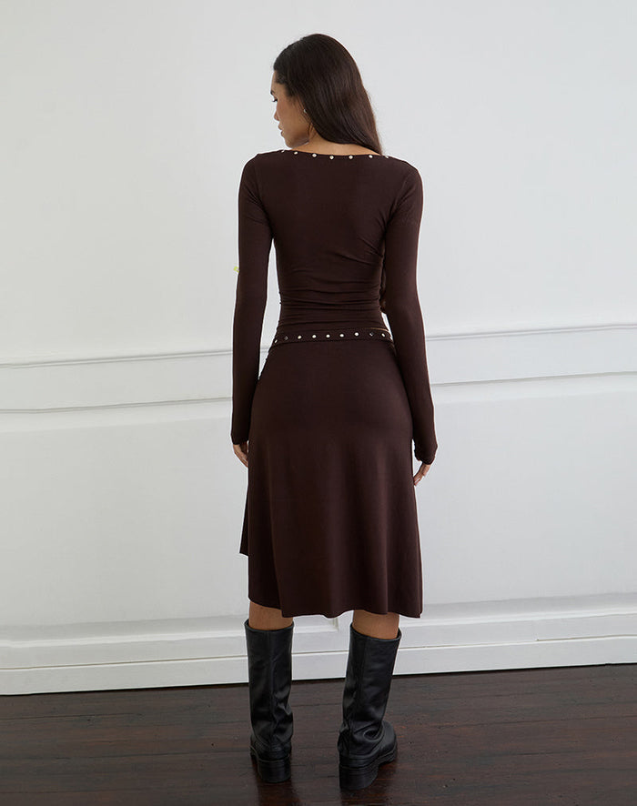 Image of Scanio Long Sleeve Cowl Top with Studs in Bitter Chocolate