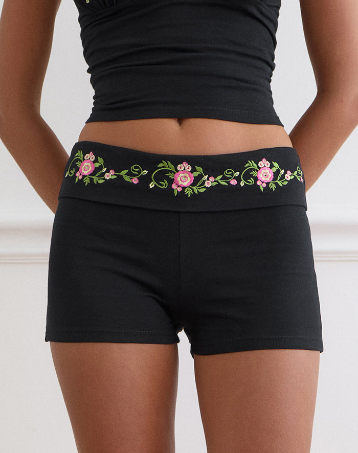 Image of Sea Foldover Short in Black with Swirly Floral Embroidery