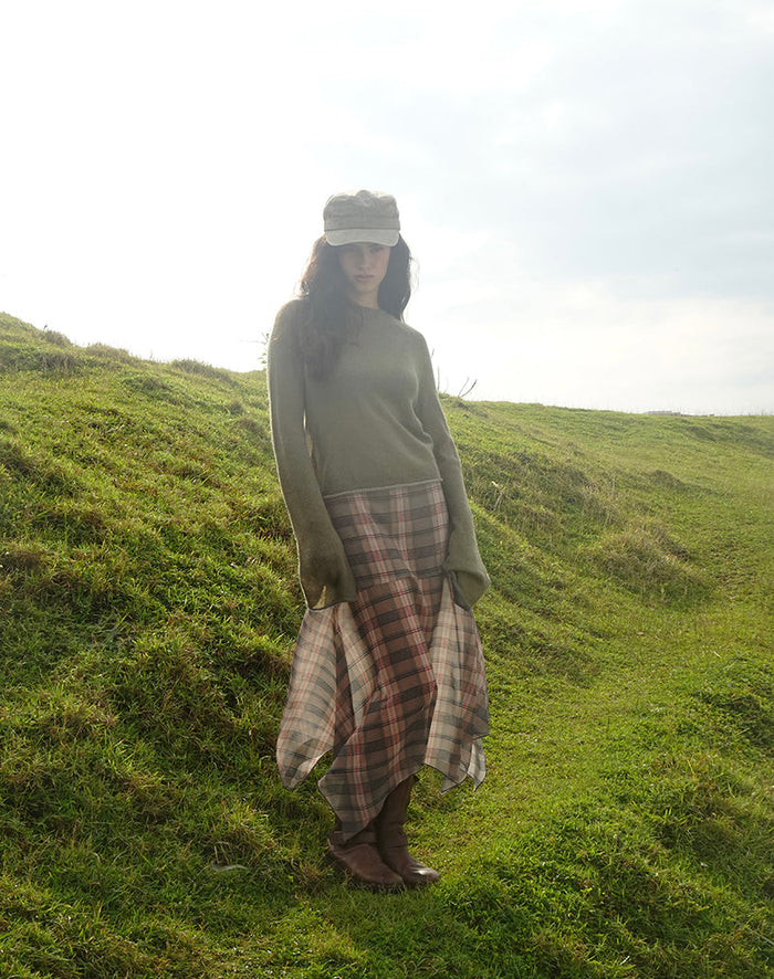Image of Sedra Midi Skirt in Brown and Pink Blurry Check