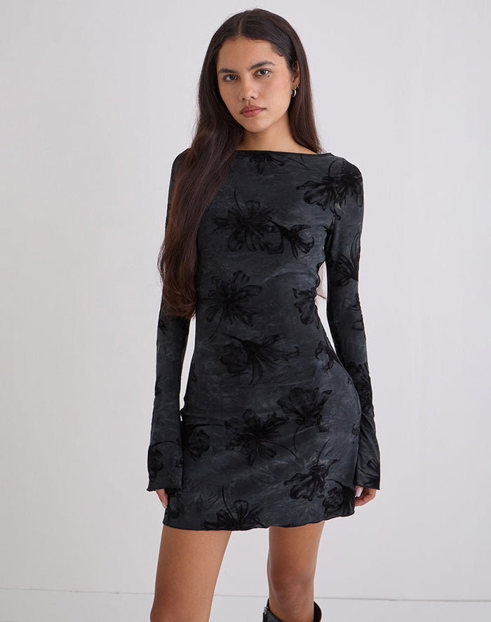 Image of Sevila Long Sleeve Mini Dress in Burnout Velvet Grey
