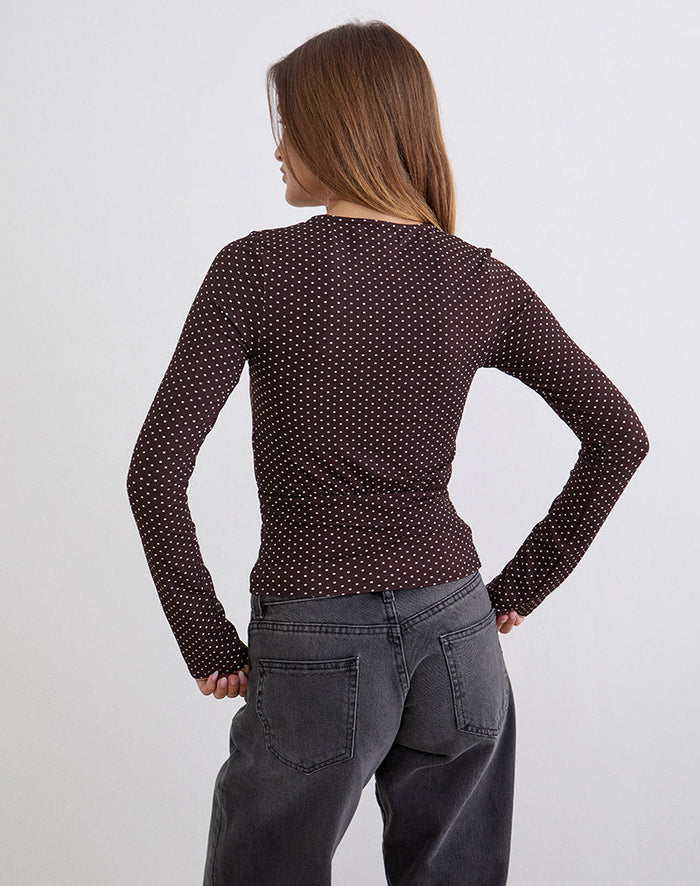 Image of Sheon Long Sleeve Top in Rayon Jersey Brown with Micro Polka Print