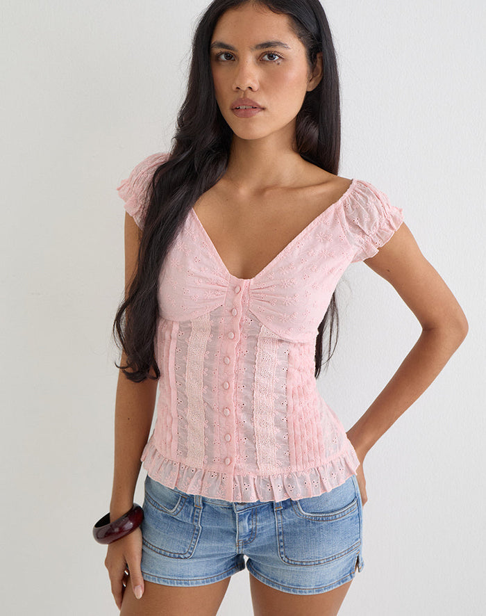 Image of Shiku Button Up Top in Broderie Pink