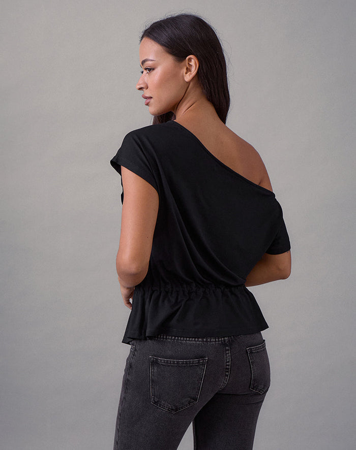 Image of Sika One Shoulder Top in Black with Tie Belt
