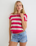 Image of Sinda Scoopback Top in Knit Maxi Stripe Raspberry and Beige
