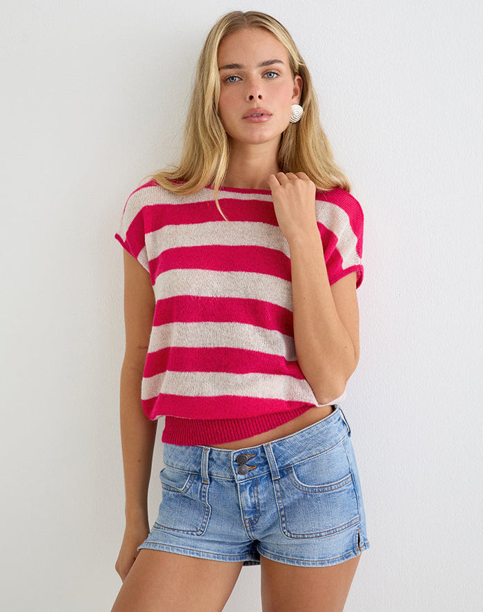 Image of Sinda Scoopback Top in Knit Maxi Stripe Raspberry and Beige