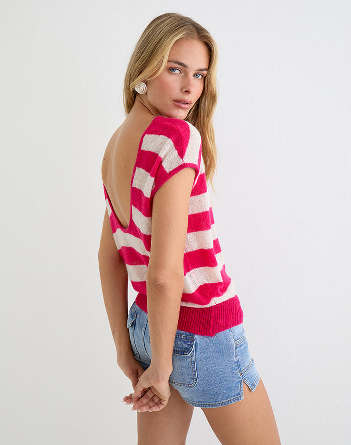 Image of Sinda Scoopback Top in Knit Maxi Stripe Raspberry and Beige
