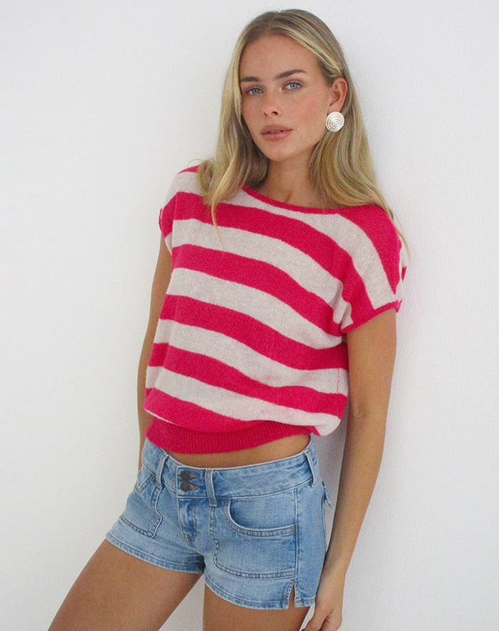 Image of Sinda Scoopback Top in Knit Maxi Stripe Raspberry and Beige