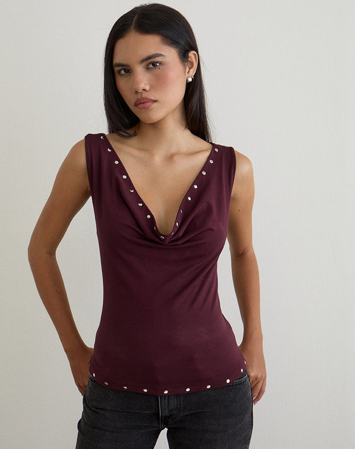 Image of Slater Studded Top in Rayon Jersey Dark Plum