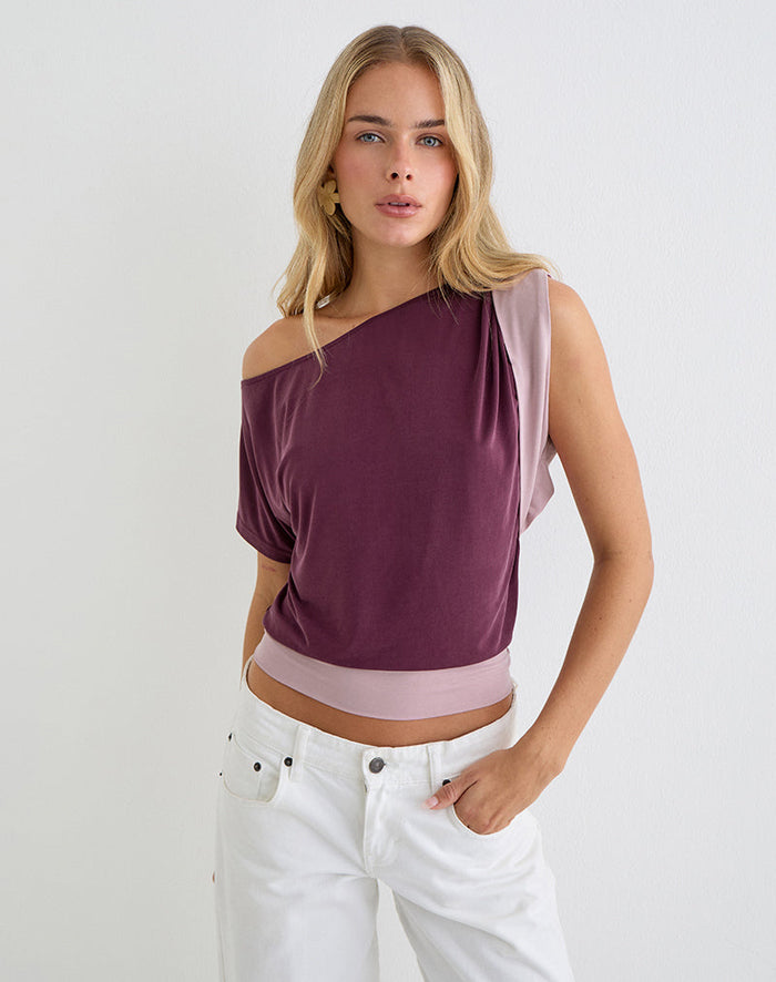 Image of Sobiya One Shoulder Top in Cupro Deep Purple and Dusty Pink