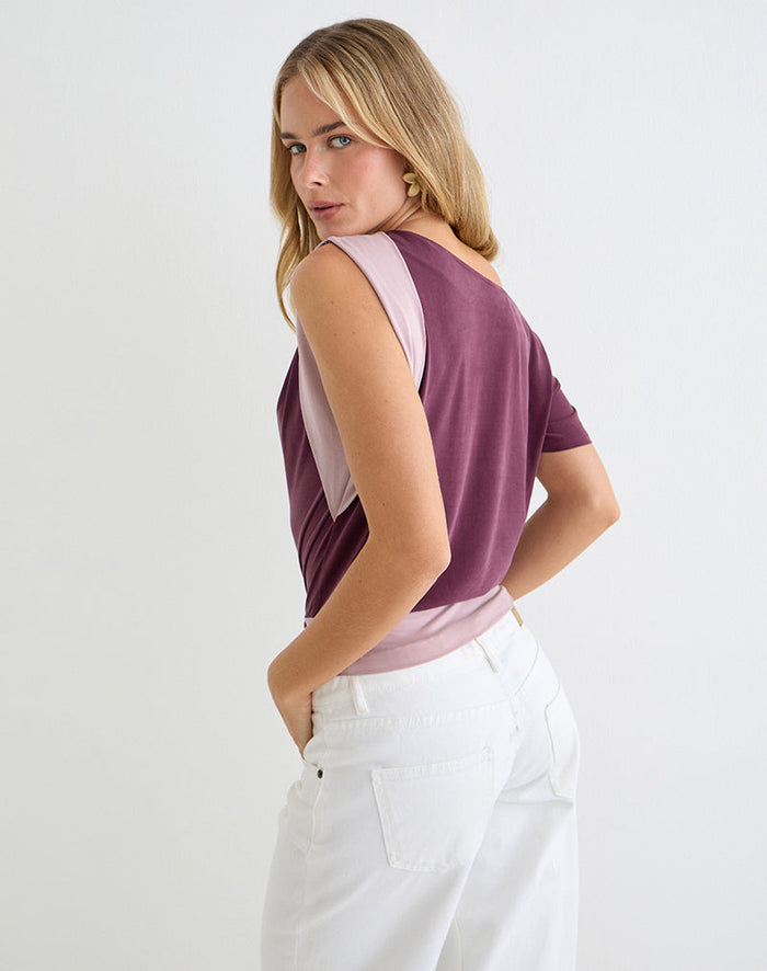 Image of Sobiya One Shoulder Top in Cupro Deep Purple and Dusty Pink