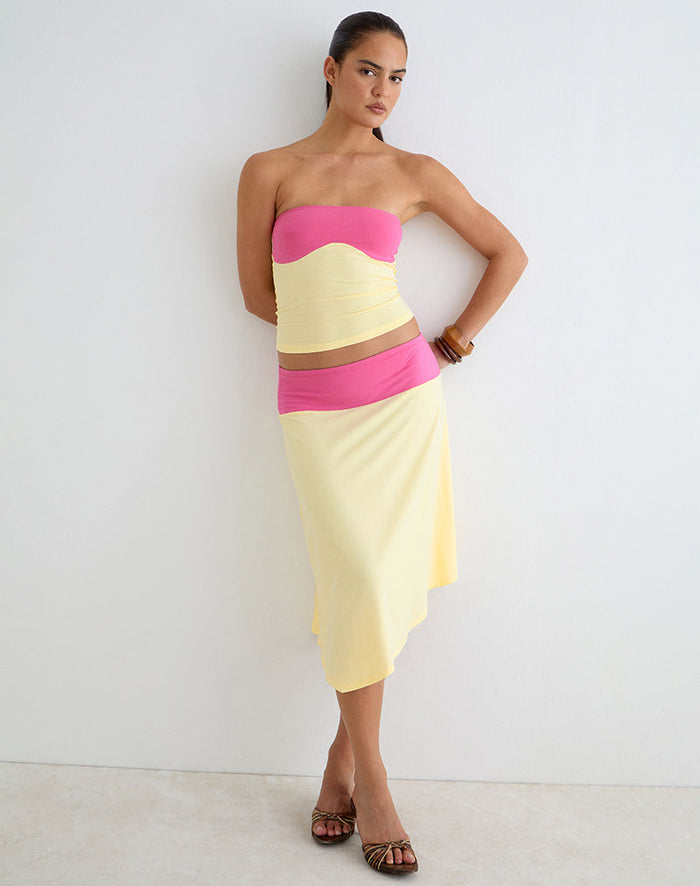 Image of Soli Midi Skirt in Rayon Jersey Lemon Yellow and Deep Pink
