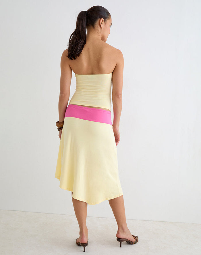 Image of Soli Midi Skirt in Rayon Jersey Lemon Yellow and Deep Pink