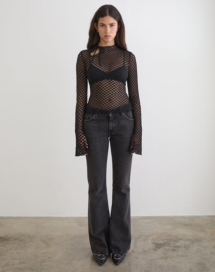 Image of Sonam Long Sleeve Keyhole Top in Polka Lace Black
