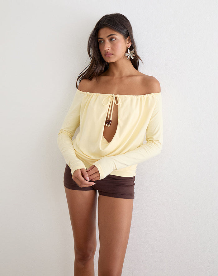 Image of Sore Long Sleeve Cowl Top with Beads in Jersey Lemon