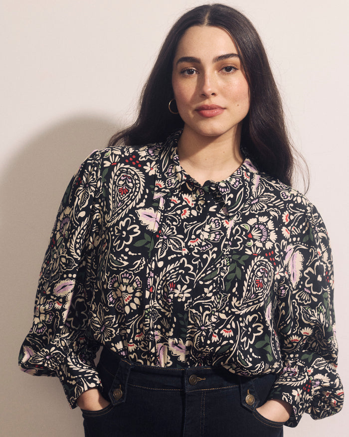 Spellbound Pleated Stretch Cupro Blouse - Black Forest Print | Plus Size & Straight Size Women's Fashion | Universal Standard